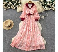 Vestito Lungo Donna Rosa Floreale Vita Alta Cerimonia Romantico CF67933