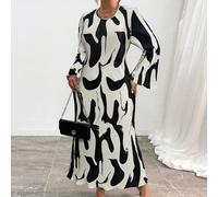 Vestito lungo elegante con maniche a volant e stampa geometrica arricciata, per donne taglia comode, abito lungo da donna stile primavera/estate 0XL,1XL,2XL,3XL,4XLBlocchi di colore,Grafico,stampa dap