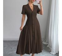 Vestito lungo elegante da donna in stile francese per la stagione primavera/estate, casual da lavoro, con colletto alla coreana, bottoni in vita, maniche a pieghe, linea a ruota in colore unito L,M,S,