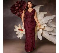 Vestito lungo elegante e di lusso in tinta unita per donna, con scollo a V, maniche a campana in pizzo elasticizzato, orlo a sirena, taglio aderente, che valorizza la silhouette e la rende più giovane