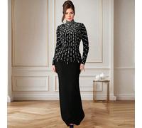 Vestito lungo elegante e luccicante in raso nero con collo alto, maniche lunghe, decorato con cristalli, per cena formale, festa da ballo, matrimonio o compleanno delle donne L,M,S,XL,XXLColore unicoT