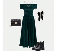 Vestito lungo elegante e retrò in velluto verde scuro a una spalla plissettato per ragazze pre-adolescenti, adatto per il ritorno a scuola, feste, compleanni, balli, Ognissanti, Natale, Capodanno, cas
