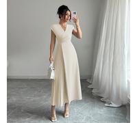 Vestito lungo elegante e semplice da donna, adatto per l'ufficio, il tempo libero e il tè del pomeriggio, con scollo a V, vita in vita, balze sul fondo, pieghe sul lato destro e spalle cadenti, colore