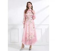 Vestito Lungo Elegante Floreale Rosa Con Cintura Chemisier Cerimonia CF69516