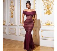 Vestito lungo elegante in tessuto plissettato e a rete, che può essere indossato off-shoulder, a sirena, con reggiseno interno incorporato. Vestito da sera elegante, adatto per ospite di matrimonio, e