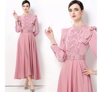 Vestito Lungo Elegante Rosa Con Ricamo Floreale Maniche Lunghe Cerimonia CF61928