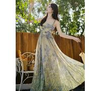 Vestito Lungo Estivo Floreale Verde Salvia Con Spalline E Gonna Ampia CF43615