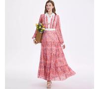 Vestito Lungo Floreale Rosa Con Colletto Bianco E Ricami Eleganti CF55543