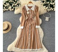 Vestito Lungo Kaki A Righe Verticali Con Bottoni Stile Bon Ton Raffinato CF61292