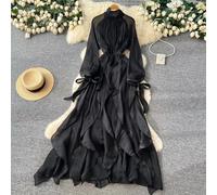 Vestito Lungo Nero Elegante Cerimonia Con Fiocco Balze Romantico CF67622