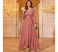 Vestito lungo per cerimonia con scollo a V, maniche a lanterna, balze e paillettes con motivo floreale in pizzo, elegante abito da sera per donna, da ballo, per invitato a matrimonio, laurea, cena L,M