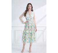 Vestito Lungo Ricamato Floreale Blu Elegante Vita Segnata E Scollo A V CF59576