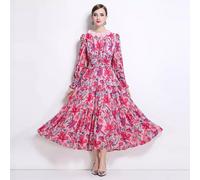 Vestito Lungo Rosa Floreale Elegante Da Cerimonia Gonna Ampia E Scollo CF40669