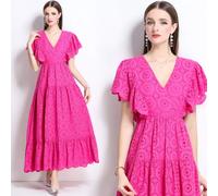 Vestito Lungo Rosa In Pizzo Con Scollo A V E Balze Eleganti In Vita CF41276
