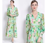 Vestito Lungo Verde Menta Con Fiori Rosa E Cintura Elegante Cerimonia CF47118