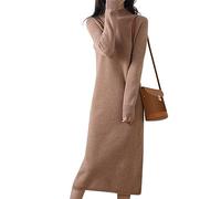 Vestito Maglione da Donna Aderente con Twist Frontale Scollo a V Lunghezza Corta Vestito Maglione a Costine con Maniche Lunghe A18, Marrone Chiaro, XXL