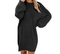 Vestito Maglione Donna Elegante in Lana Cotone Mista Collo Rotondo e Maniche Lunghe Abito Maglia Termica Invernale Curvy Vestiti Casual al Ginocchio Autunno per Lavoro Cerimonia Case,Nero,XL