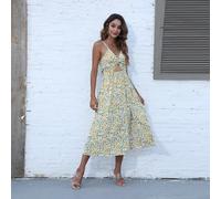 vestito maxi abito donna elegante lungo fiori bianco giallo bohemian Boho 32837