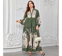 Vestito maxi da donna con maniche a lanterna e colletto a cavalletto, con stampa floreale, elegante e ampio, adatto per la spiaggia e le vacanze, di taglia grande, stile arabo 0XL,1XL,2XL,3XL,4XLBlocc