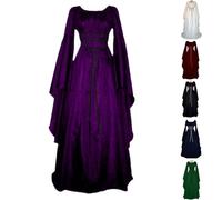 Vestito Medievale Donna, Lungo Abito Halloween Donna con Maniche a Tromba Abiti Girocollo Rinascimentale Abbigliamento con Coulisse Vittoriano Palazzo Abito per Carnevale, Cosplay, Halloween