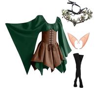 Vestito Medievale Donna Vintage Pipistrello Costumi Di Halloween Medievale Elegante Vestito Da Steampunk Rinascimentale con Orecchie da Elfo, Accessori per Capelli, Calze Sopra il Ginocchio