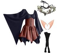 Vestito Medievale Donna Vintage Pipistrello Costumi Di Halloween Medievale Elegante Vestito Da Steampunk Rinascimentale con Orecchie da Elfo, Accessori per Capelli, Calze Sopra il Ginocchio