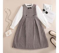 Vestito medio a maniche lunghe 2 in 1 da ragazza, in stile vintage francese, elegante e carino, con motivi a quadri e fiorellini, adatto per l'autunno/inverno. Questo vestito è adatto per la scuola, l