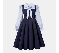 Vestito midi 2 in 1 a maniche lunghe con colletto da marinaio a righe blu e bianche, vita arricciata e pieghe, fiocco blu navy, linea ad A, per la festa degli insegnanti, autunno scolastico per ragazz