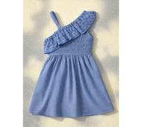 Vestito midi estivo casual senza maniche con una spalla, vita arricciata e dettagli con volant traforati per ragazze pre-adolescenti, colore blu 7Y,8Y,9Y,10Y,11Y,12Y,13YColore unicoPoliestere