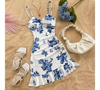 Vestito mini a-line con spalline regolabili in metallo, stampa floreale blu e bianca, busto attorcigliato, balza asimmetrica, adatto per appuntamenti e tè pomeridiani L,M,S,XSFloreale,PianteTessuto in