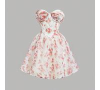 Vestito mini attillato in stile vintage e romantico con stampa di rose in organza su tutto il capo, adatto per ballo di fine anno, compleanno, stile country, estate/autunno, appuntamento, festa del tè