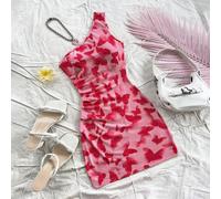 Vestito mini da donna dall'aspetto romantico con stampa di farfalle rosse asimmetrica e arricciata, vestito aderente adatto per vacanze, abito estivo alla moda per la primavera/estate L,M,S,XL,XS,XXL,