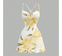 Vestito mini da donna in stile retrò, elegante, con stampa floreale di gigli gialli, scollo drappeggiato, adatto per uscite, spiaggia, matrimoni, compleanni, feste, alla moda L,M,S,XL,XS,XXL,XXS,XXXL,