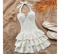 Vestito mini da vacanza per ragazze pre-adolescenti con busto arricciato elastico, collo con fiocco, fiocco e volant a balze, indossabile come intimo o esterno, vestiti estivi, vestito bianco tinta un