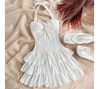 Vestito mini per ragazza adolescente da vacanza con busto arricciato elasticizzato, collo annodato, fiocco e balze arricciate, indossabile dentro o fuori, vestiti estivi, vestito bianco tinta unita 8Y