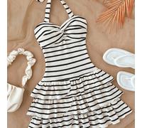 Vestito mini per ragazze pre-adolescenti per le vacanze estive, con busto plissettato elastico, fiocco al collo, bordo arricciato, può essere indossato dentro o fuori, colore a righe bianco e nero 7Y,