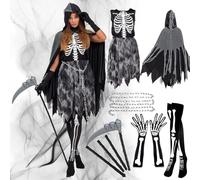 Vestito Morte Bambina, Costume di Triste Mietitore con Vestito, Mantello con Cappuccio, Guanti e Collant Stampati, Catena in Vita e Falce, Costumi Halloween Bambine Paurosi Per Festa In Maschera (M)