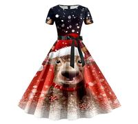 Vestito Natale Donna Invernali,Abito Donna Casual con Stampa Natalizia A Maniche Corte Stile Casalinga Anni Cinquanta Trama Unica Elegante per Feste E Occasioni Speciali Comodo E Femminile