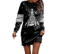 Vestito Natale Donna Invernali,Abito Donna Casual con Stampa Natalizia A Maniche Lunghe E Scollo Tondo per La Stagione Autunnale E Invernale