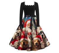 Vestito Natale Donna Manica Lunga, Abbigliamento Donna Elegante Midi Stampati, Abiti Scollo Quadrato Vintage - Christmas Dress Rock-Chic Caratteristico Vino M