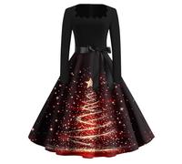 Vestito Natale Donna Manica Lunga, Abito Cocktail Donna Midi Stampati, Abiti Scollo Quadrato Moda - Christmas Dress Vintage Rock-Chic Rosso Intenso L