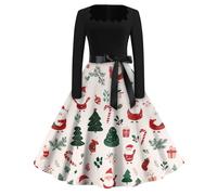 Vestito Natale Donna Manica Lunga, Costumi Natale Donna Scollo Quadrato Midi, Vestiti Stampati Unico - Christmas Dress Elegante Rock-Chic Bianco L