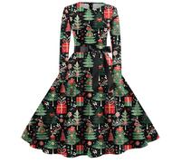 Vestito Natale Donna Vestiti per Natale Vestito Donna Elegante Serate in Famiglia retrò Maniche Lunghe con Vita Segnata, Abito A Ruota Stile A con Motivo Natalizio Elegante per Serate Raffinate