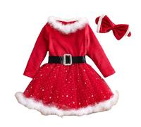 Vestito Natale Neonata Tutu Gonna Neonata con Paillettes, 2 Pezzi Completo Neonata di Natale Tutina Natale Neonata Baby Girls Christmas Dress con Pile Abito Rosso con Manica Lunga+Fascia Regali Natale