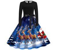 Vestito natalizio da donna, a maniche lunghe, abito da cocktail, Natale, stampato, elegante, scollo rotondo, A-Linie, motivo natalizio, abiti da festa, cerimonia al ginocchio, Xmas Christmas