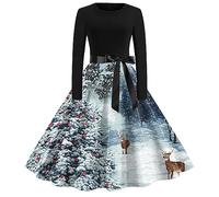 Vestito natalizio da donna, divertente, abito vintage Pin Up anni 50, chic e affascinante Xmas Swing Noel Dress Taglio aderente a maniche lunghe Merry Christmas Casual Costume per cocktail party