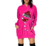 Vestito Natalizio Donna- Abito Felpa Natale Donna con Cappuccio Manica Lunga Maglione da Famiglia Taglie Forti Mini Abito Lunga Sweatshirt con Tasche Hoodie Abiti Natalizi Donna Curvy