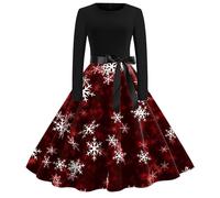 Vestito Natalizio Donna, Abito Natalizio Donna con Cintura Taglie Forti con Vintage Stampa in Cotone Elegante Abito da Festa per Feste di Fine Anno Abiti Natalizi Donna Vestito Abito Natalizio Donna