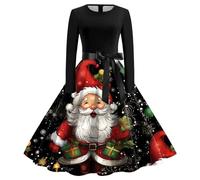 Vestito Natalizio Donna, Abito Natalizio Donna con Cintura Taglie Forti con Vintage Stampa in Cotone Elegante Abito da Festa per Feste di Fine Anno Abiti Natalizi Donna Vestito Abito Natalizio Donna