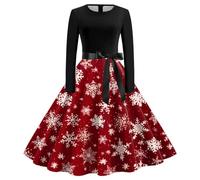 Vestito Natalizio Donna, Abito Natalizio Donna con Cintura Taglie Forti con Vintage Stampa in Cotone Elegante Abito da Festa per Feste di Fine Anno Abiti Natalizi Donna Vestito Abito Natalizio Donna